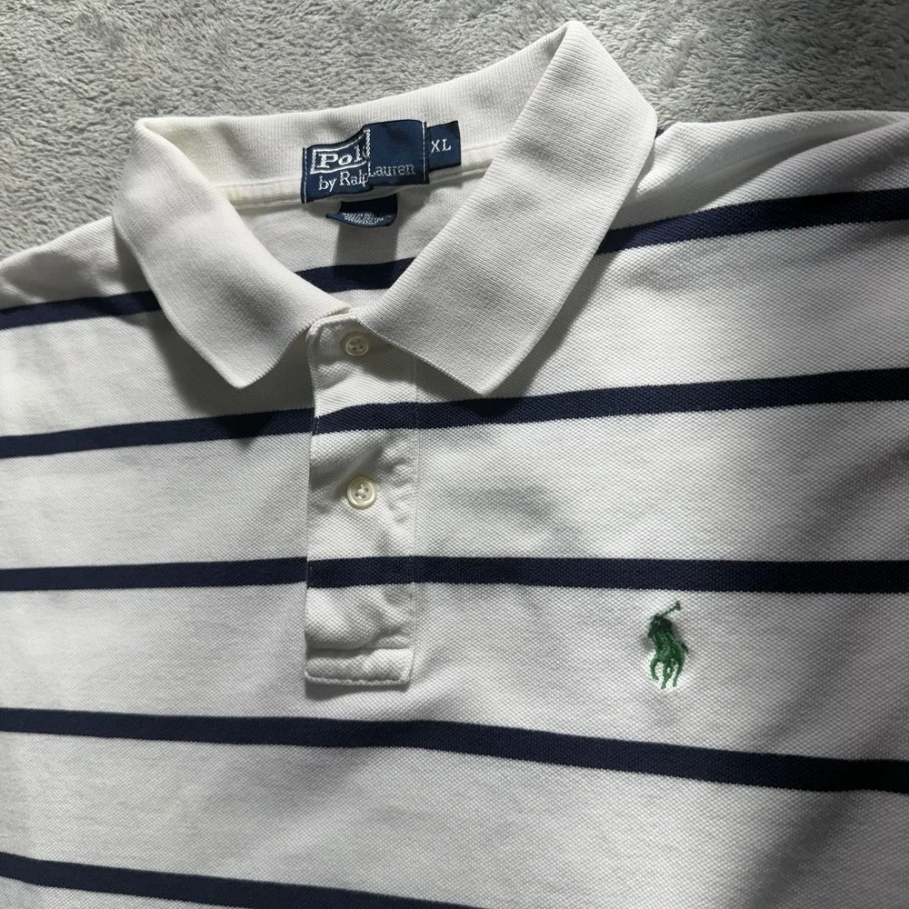 Polo Ralph Lauren Polo Shirt Mens XL White Blue‎ Striped Preppy Casual